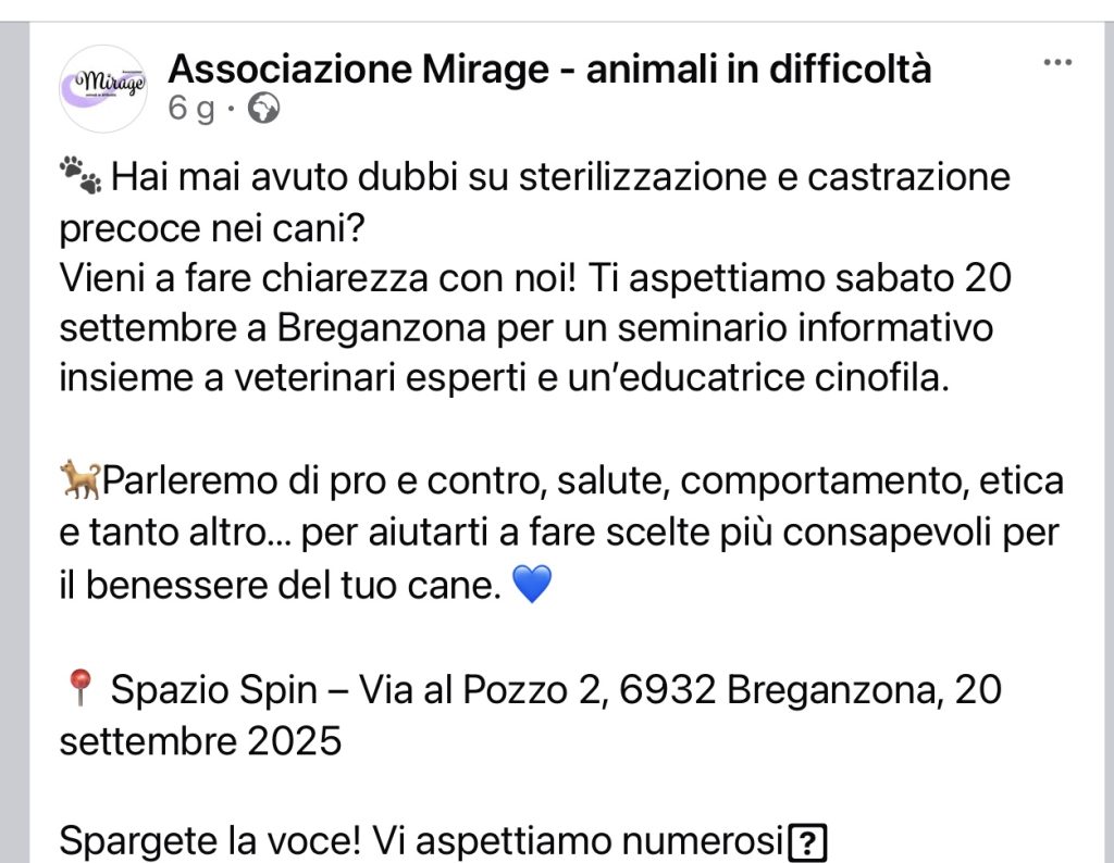 EVENTO seminario castrazione precoce Nadia Parise